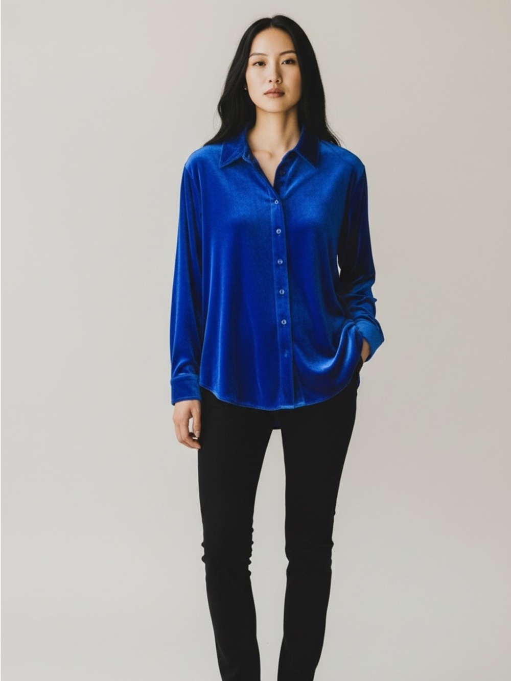 Soft Surroundings Royal Blue Velvet Button Down Shirt